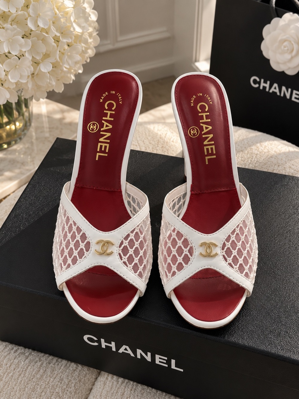 CHANEL White Mesh CC Mules